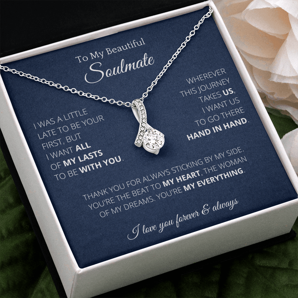 Alluring Necklace To Soulmate Couples Gifts for Girls, Stainless Steel Cubic Zirconia Pendant Ribbon Alluring Necklace, Birthday Christmas Romantic Jewelry For Wife with Message Card Box Personalized - 4Lovebirds