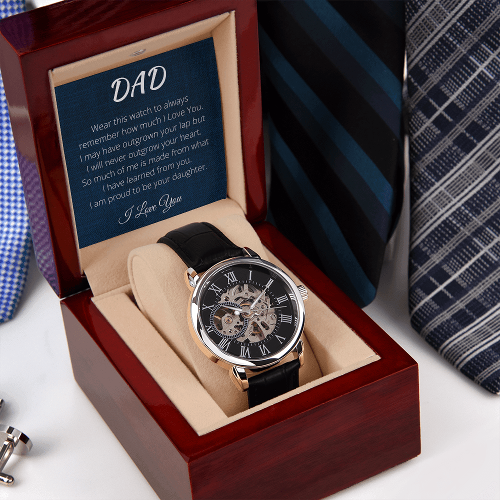 Openwork Watch With Heartfelt Message Card and Luxury Mahogany Box, Automatic Watch for Dad, Gift for Father's Day, Leather Band Men's Watch - 4Lovebirds
