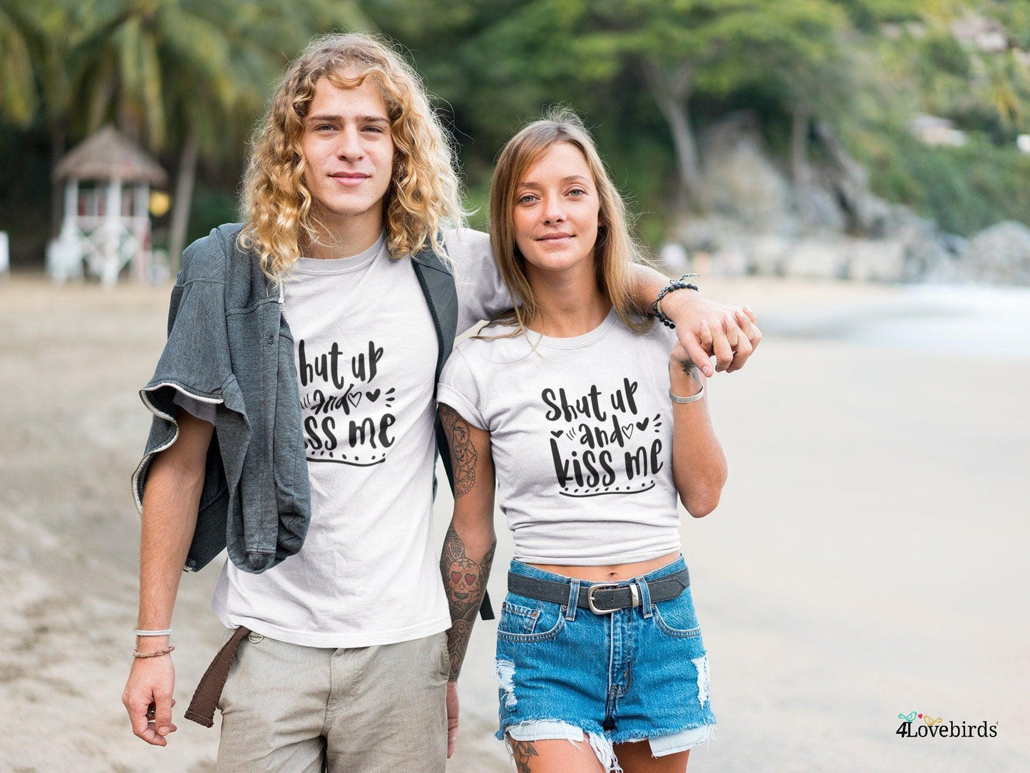 Shut up and kiss me 1 Hoodie, Funny T-shirt, Gift for Couples, Valentine Sweatshirt, Boyfriend and Girlfriend Longsleeve - 4Lovebirds