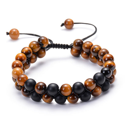 Tiger Eye and Black Agate Couple Bracelets - Adjustable Natural Stone Beads