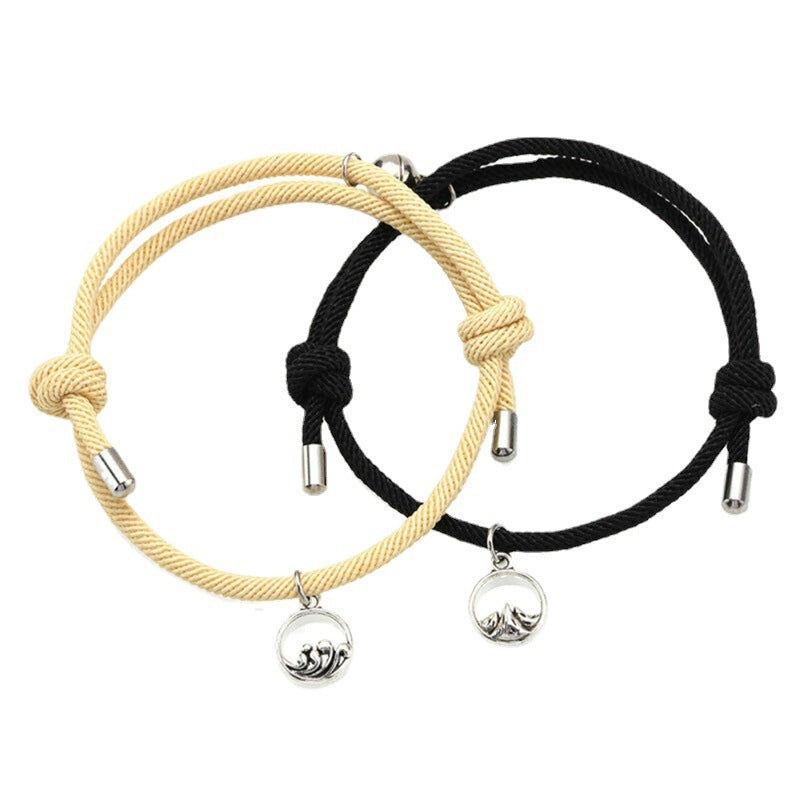 Magnetic Couple Bracelets - Alloy Adjustable Matching Set with Carved Charm