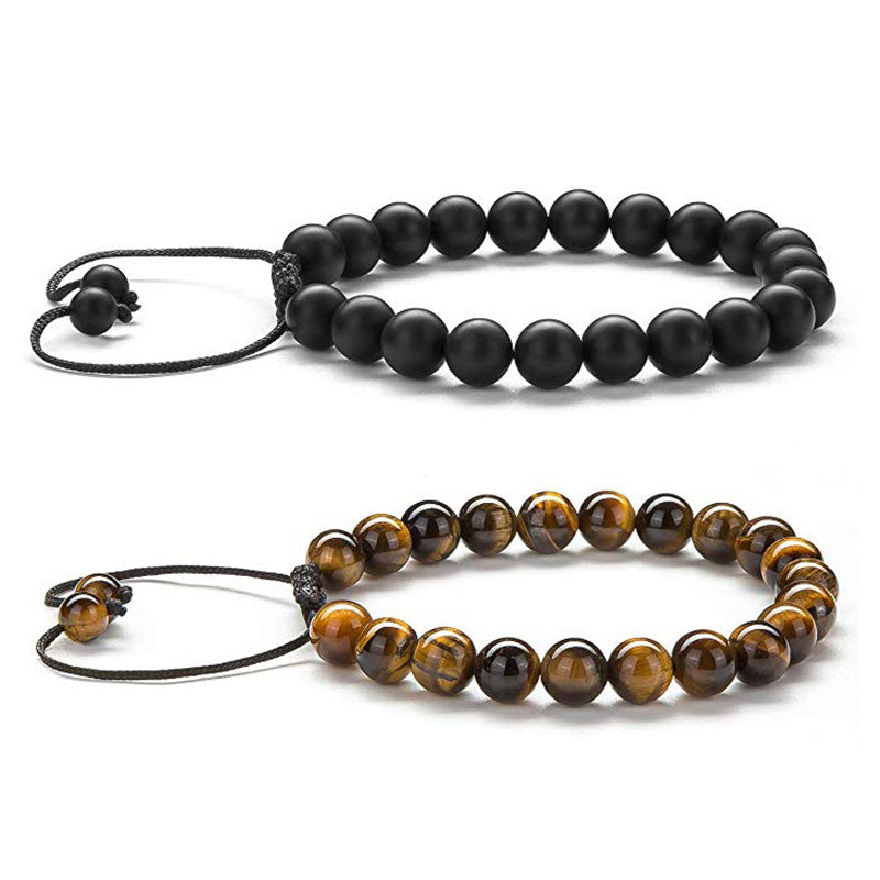 Tiger Eye and Black Agate Couple Bracelets - Adjustable Natural Stone Beads