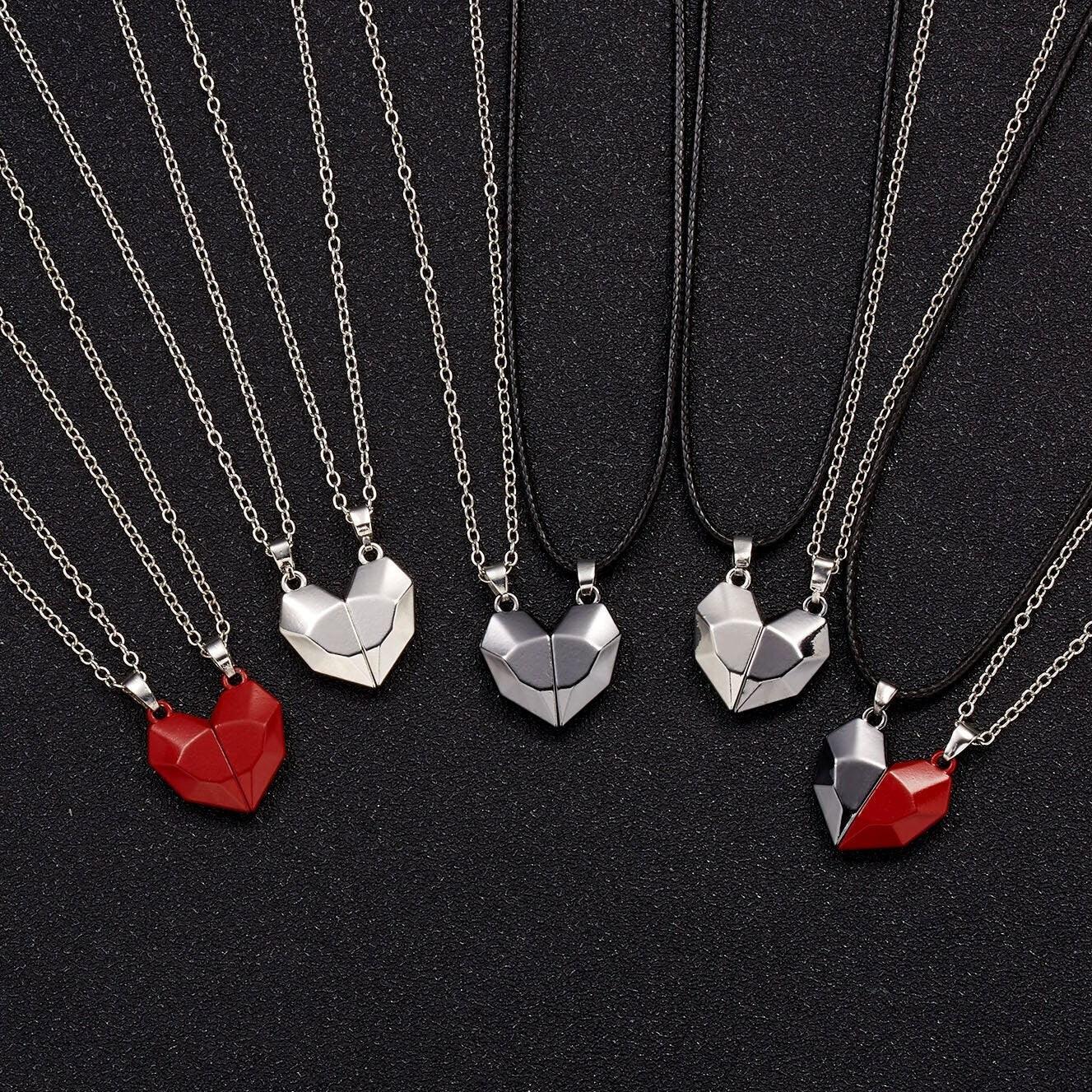 Arzonai Valentine's Day Gift 2021 Magnetic Couple Necklace Pair Half Lovers  Heart Pendant Distance Faceted Charm