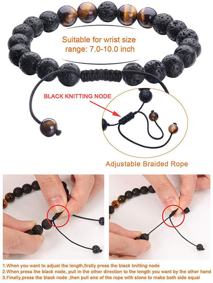 Tiger Eye and Black Agate Couple Bracelets - Adjustable Natural Stone Beads