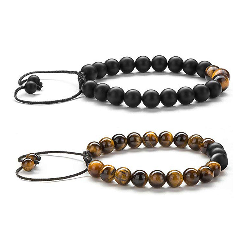 Tiger Eye and Black Agate Couple Bracelets - Adjustable Natural Stone Beads