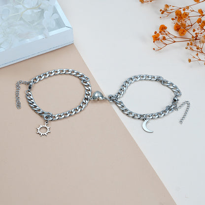 Sun and Moon Couple Bracelets - Titanium Steel Chain with Heart Clasp