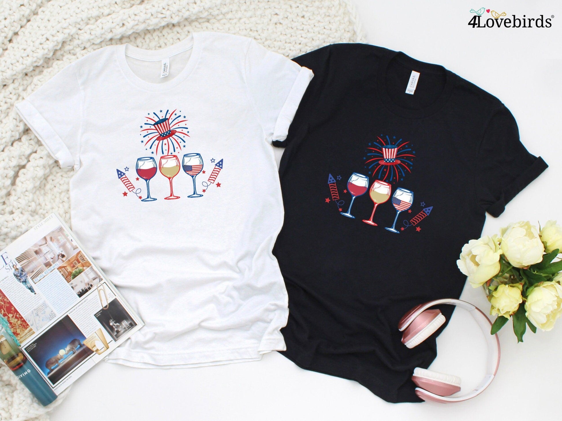 4th of July Wine Glasses Hoodie, Wine USA Flag Sweatshirt, Wine Lover Long Sleeve Shirt, Independence Day Shirt, 4th of July Gifts - 4Lovebirds
