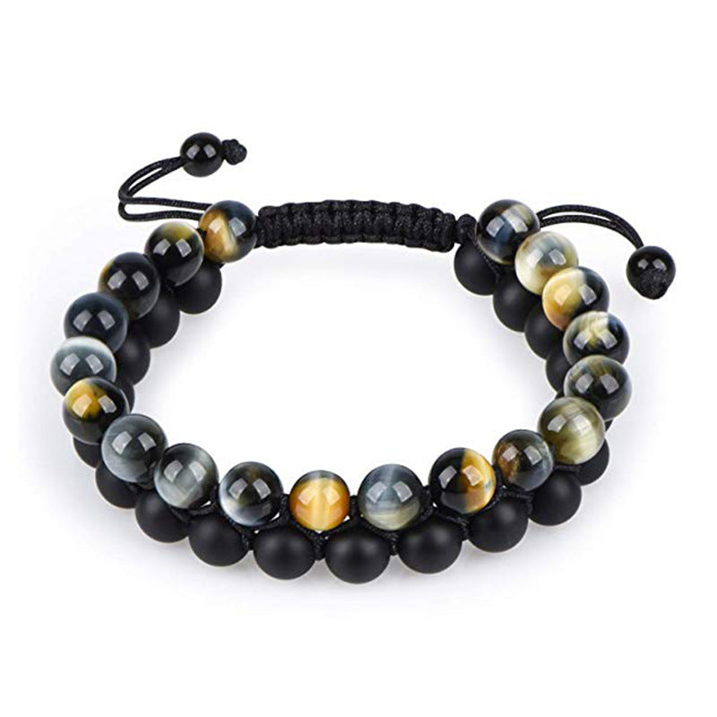 Tiger Eye and Black Agate Couple Bracelets - Adjustable Natural Stone Beads