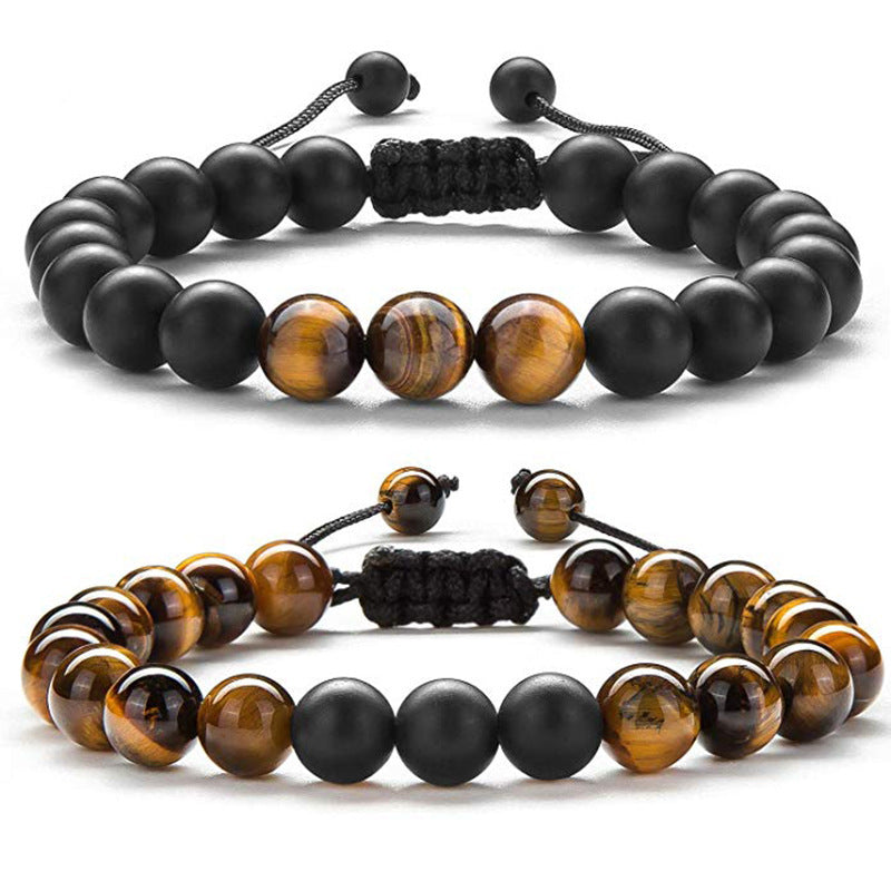 Tiger Eye and Black Agate Couple Bracelets - Adjustable Natural Stone Beads