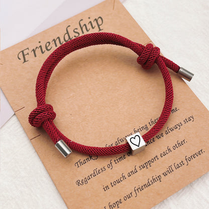 Hand-Woven Couples Bracelets - Stainless Steel Heart Charm for Partners