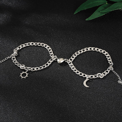 Sun and Moon Couple Bracelets - Titanium Steel Chain with Heart Clasp