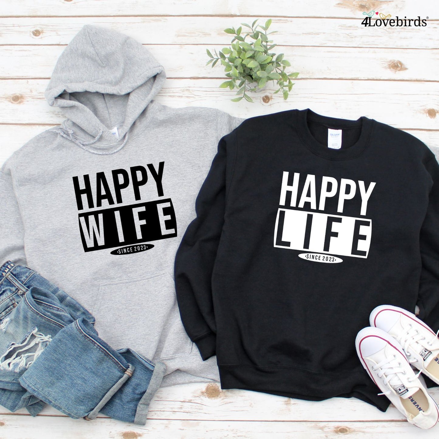 Happy Wife Happy Life Couple Matching Hoodie, Vow renewal ceremony. Hubby Wifey Anniversary / Wedding Custom Gift. Relationship Announcement