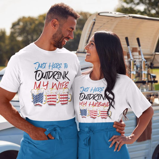 Outdrink My Spouse Humorous 4th of July Matching Outfits, Comical Couple's Set
