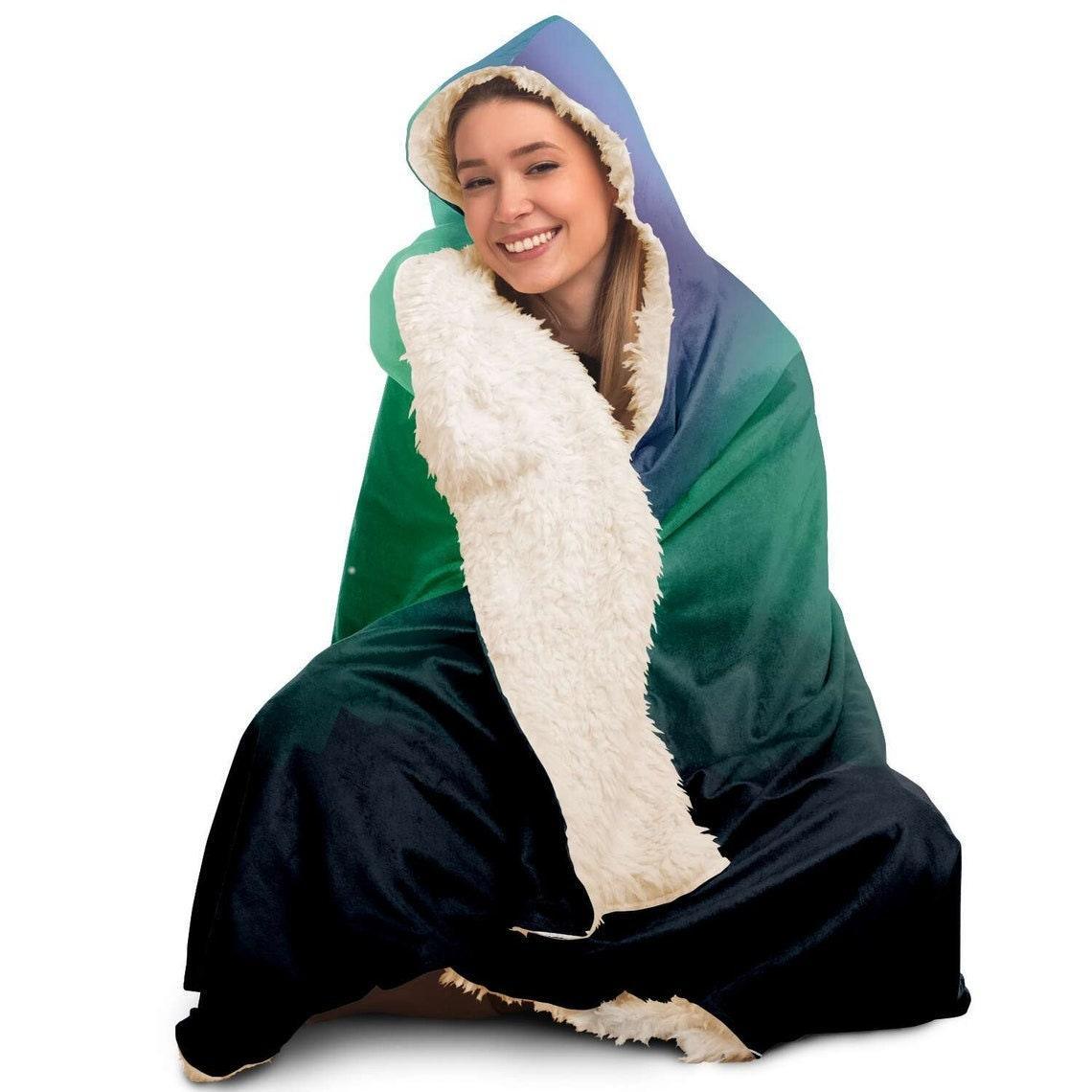Aurora Borealis Hooded Blanket, Handmade Crafted, Vegan Blanket, With Hood, Multi Colored, Custom Made Quilt, Yoga, Meditation - 4Lovebirds