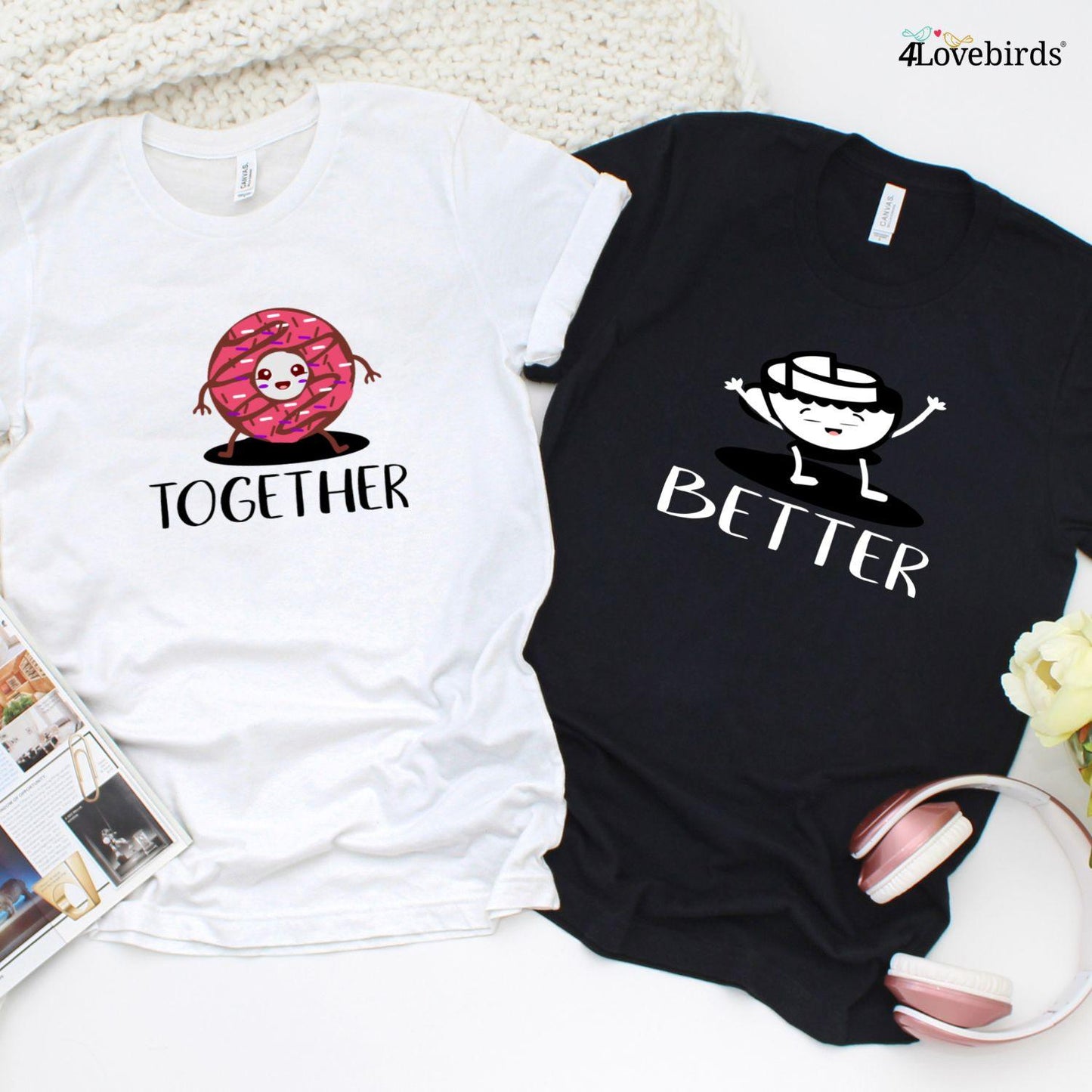 Couple Matching Set: Funny 'Better Together' Coffee Donut Sweatshirt - Long Sleeve Outfit Gift - 4Lovebirds