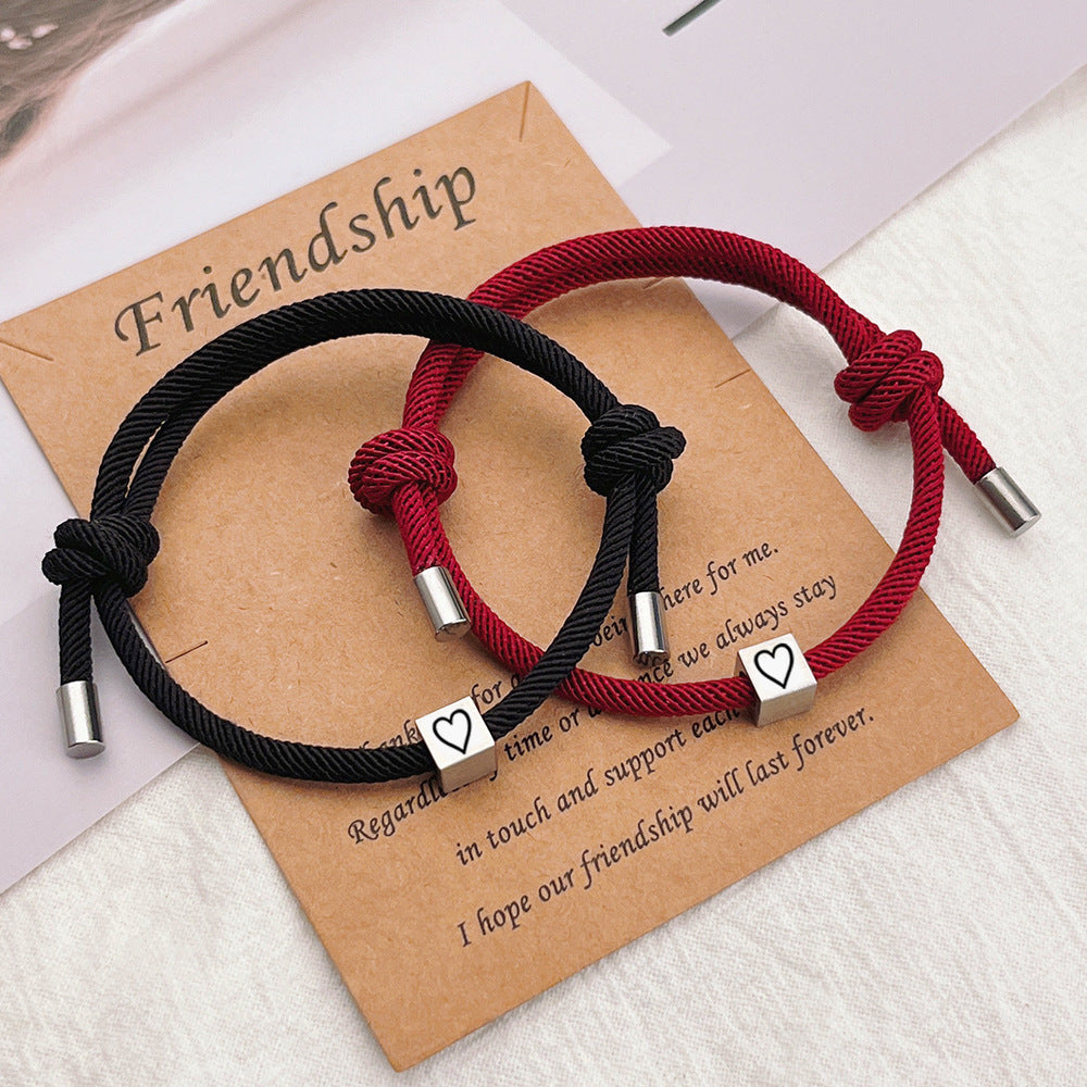 Hand-Woven Couples Bracelets - Stainless Steel Heart Charm for Partners