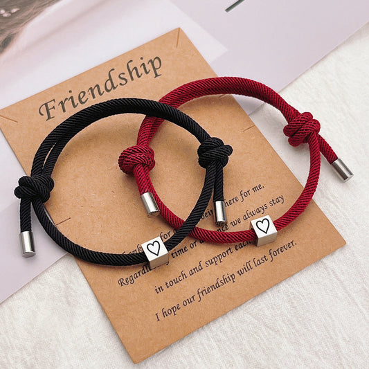 Hand-Woven Couples Bracelets - Stainless Steel Heart Charm for Partners