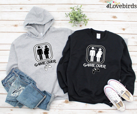 Game Over Pregnancy Hoodie, Funny New Dad/Mom Sweatshirt - New Mom Long Sleeve Shirt - Couple's Gaming Gift Ideas - 4Lovebirds