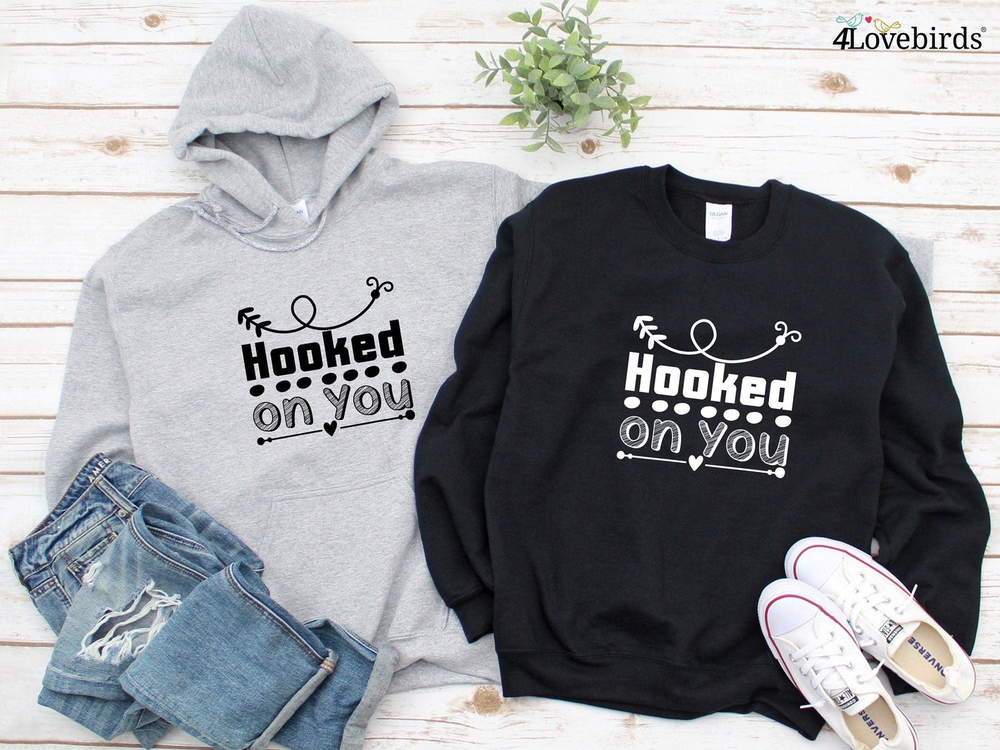 Hooked on you Hoodie, Lovers matching T-shirt, Gift for Couples, Valentine Sweatshirt, Boyfriend / Girlfriend Longsleeve, Cute Tshirt - 4Lovebirds