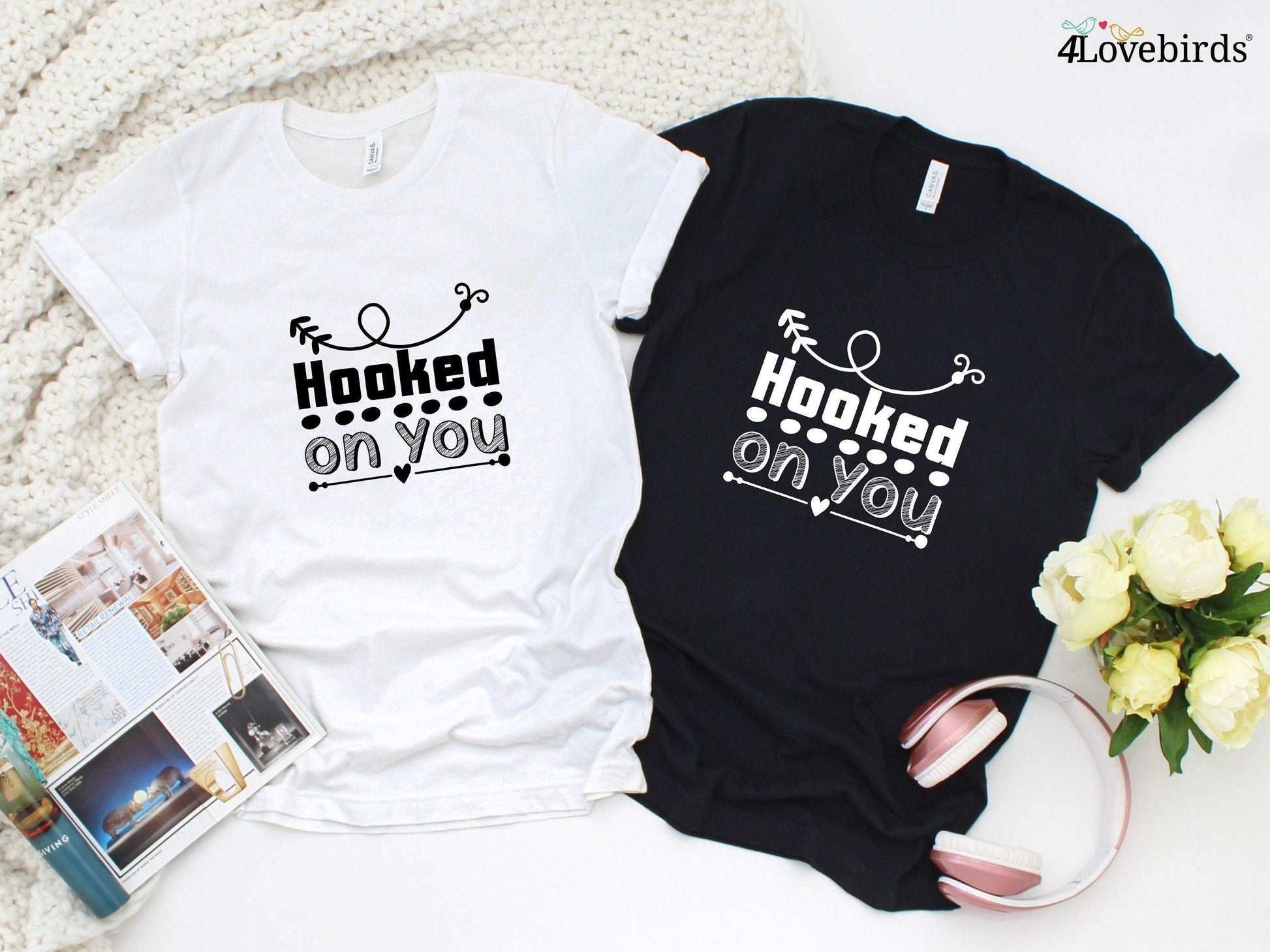 Hooked on you Hoodie, Lovers matching T-shirt, Gift for Couples, Valentine Sweatshirt, Boyfriend / Girlfriend Longsleeve, Cute Tshirt - 4Lovebirds