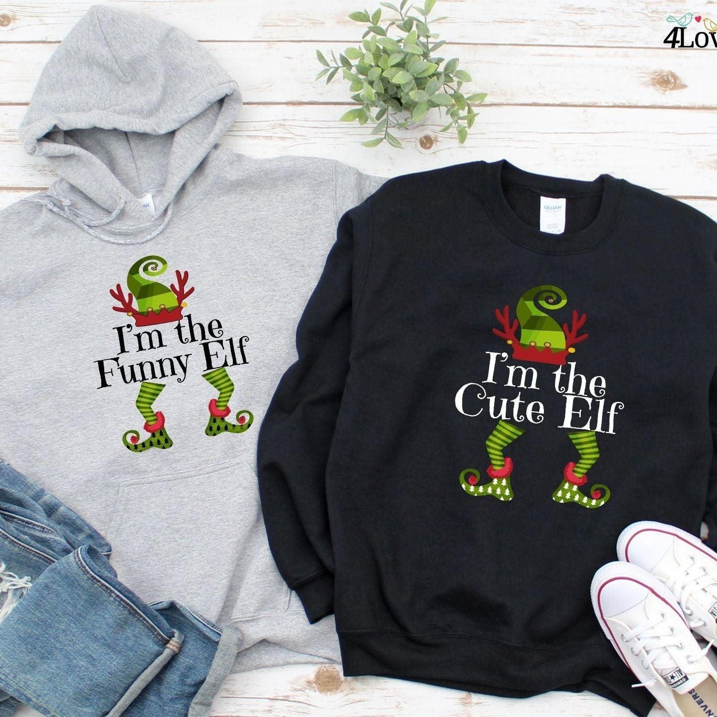 I'm The Cute Elf & I'm The Funny Elf Matching Christmas Outfits - 4Lovebirds