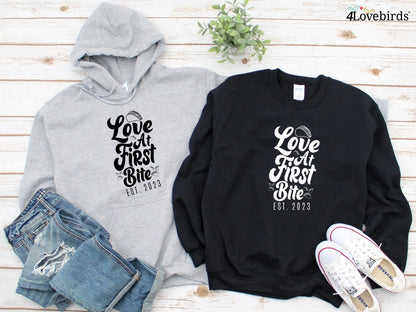 Love at first bite Hoodie, Funny matching T-shirt, Gift for Couples, Valentine Sweatshirt, Boyfriend and Girlfriend Longsleeve - 4Lovebirds