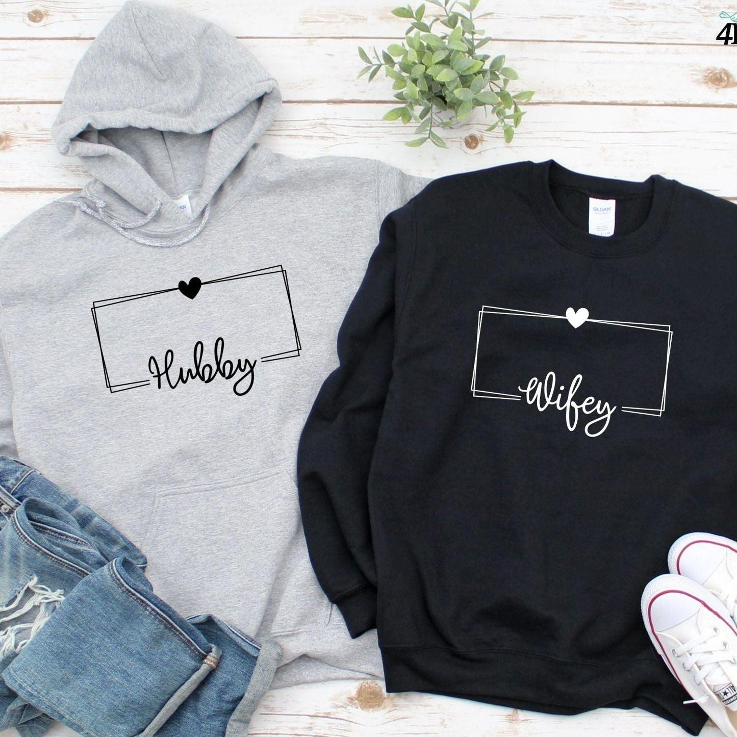 Matching Set Hubby & Wifey Hoodie & T-shirts, Perfect Couples Gift for Valentine's Day - 4Lovebirds