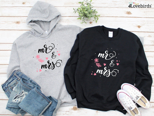 Mr. & Mrs. Hoodie, Marriage T-shirt, Honeymoon Sweatshirt, Gift for Couple, Cute Married Couple Longsleeve, Just married, plain model - 4Lovebirds