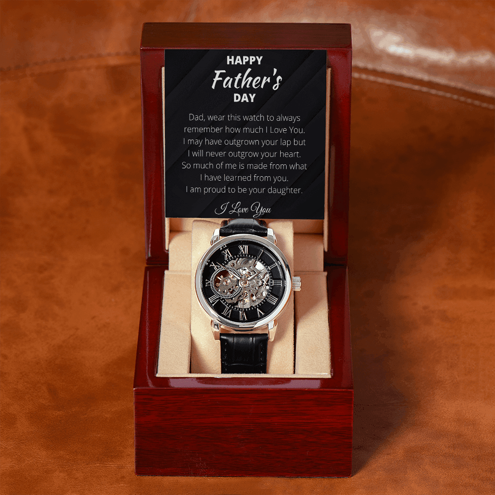 Openwork Watch With Heartfelt Message Card and Luxury Mahogany Box, Automatic Watch for Dad, Gift for Father's Day, Leather Band Men's Watch - 4Lovebirds
