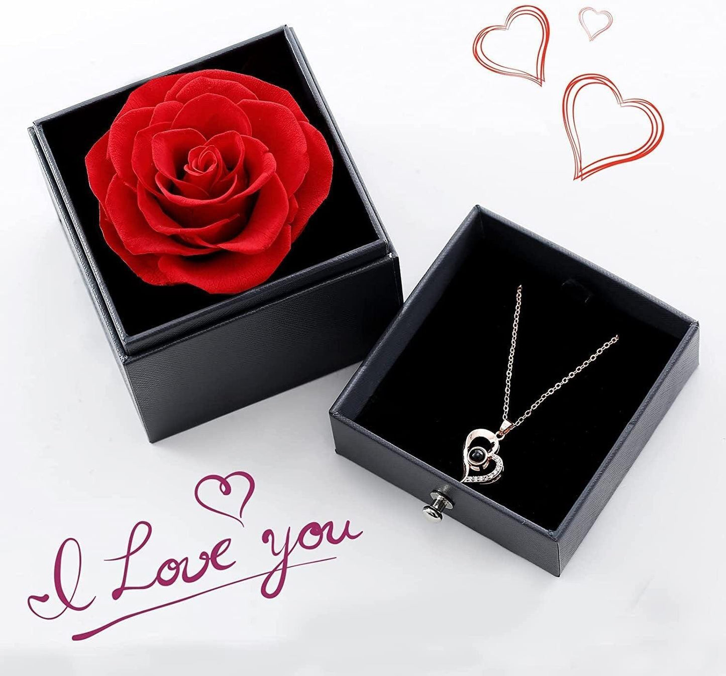 Preserved rose + I Love You Heart Necklace in Gift Box, Great Mother's day Gift, Valentine's Day, Wife Birthday, Anniversary, Gifts for Her - 4Lovebirds