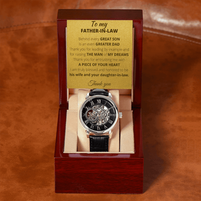 To My Father In Law Watch, Men's Openwork Leather Band Watch with Message Card in Mahogany Style Box, Father's Day Gift, Birthday Gift Men's Openwork Watch With Message and Luxury Box - 4Lovebirds