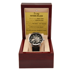 To My Father In Law Watch, Men's Openwork Leather Band Watch with Message Card in Mahogany Style Box, Father's Day Gift, Birthday Gift Men's Openwork Watch With Message and Luxury Box - 4Lovebirds