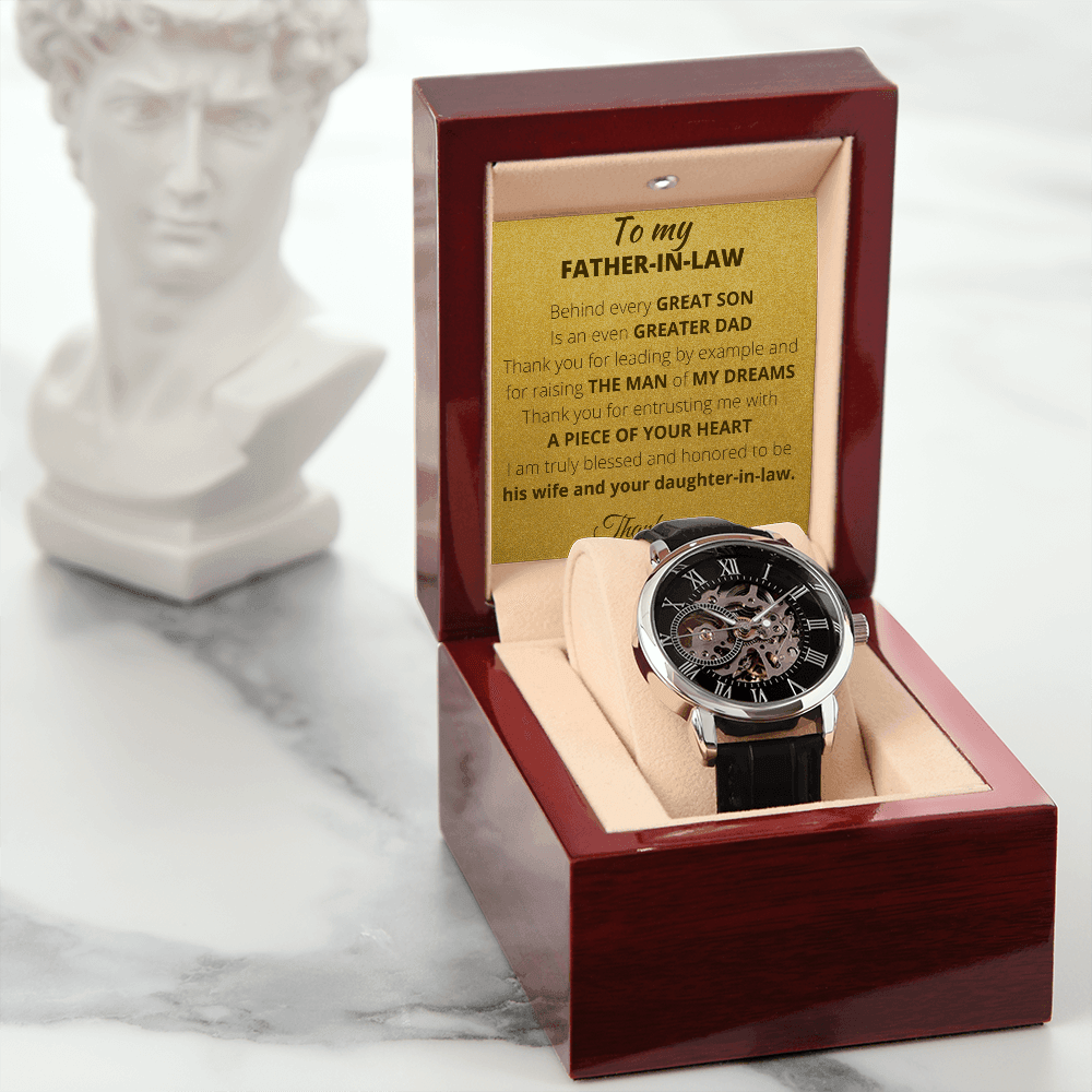 To My Father In Law Watch, Men's Openwork Leather Band Watch with Message Card in Mahogany Style Box, Father's Day Gift, Birthday Gift Men's Openwork Watch With Message and Luxury Box - 4Lovebirds
