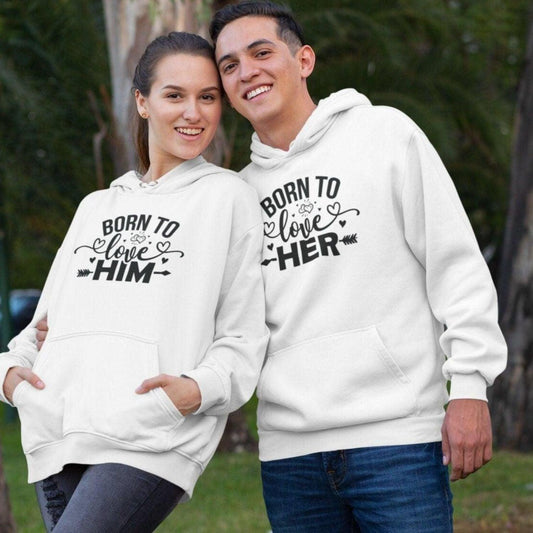 Valentine's Matching Set: Born to Love Her Hoodie, Him Tshirt, Gift for Couples, Cute Sweatshirt, Lovers Longsleeve - 4Lovebirds