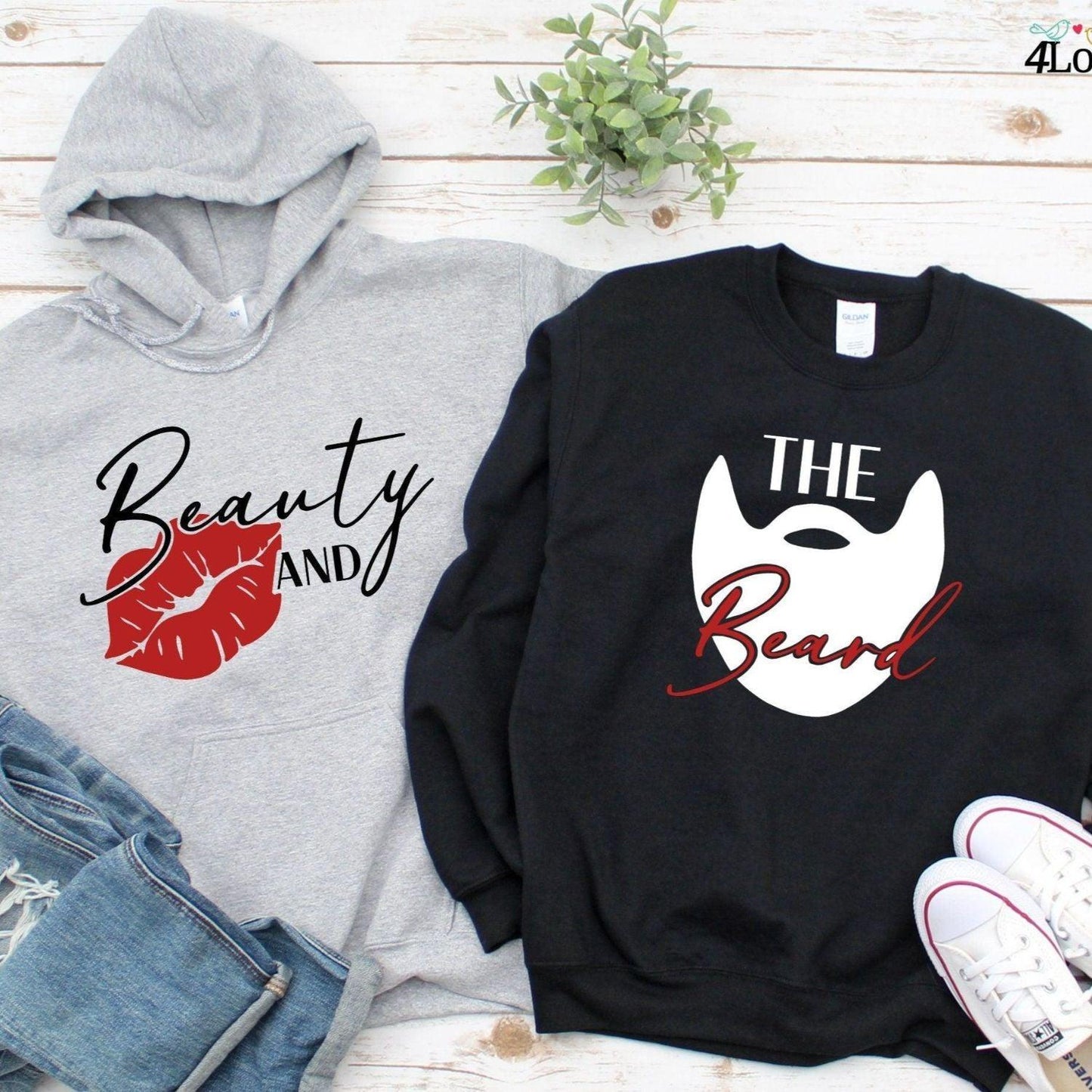 Valentines Day Couple Matching Set: Beauty & Beard Hoodie & Sweatshirt! - 4Lovebirds