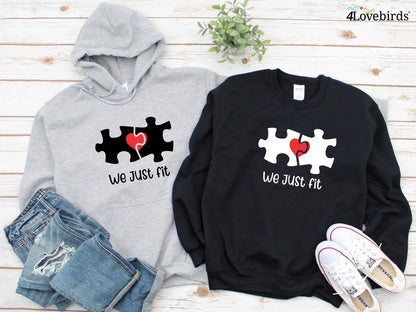 We just fit Hoodie, Lovers matching T-shirt, Gift for Couples, Valentine Sweatshirt, Boyfriend / Girlfriend Longsleeve, Cute Tshirt - 4Lovebirds