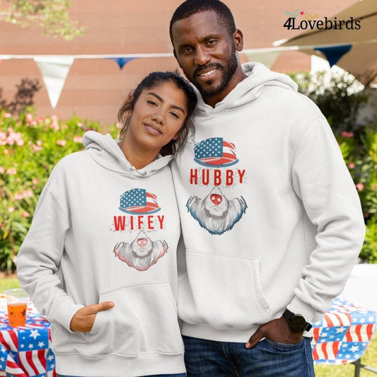 Wifey/Hubby 4th of July Bear Matching Hoodie, 4th of July Sweatshirts, Patriotic Couples Shirts, Fourth of July Honeymoon Long Sleeve Shirts - 4Lovebirds