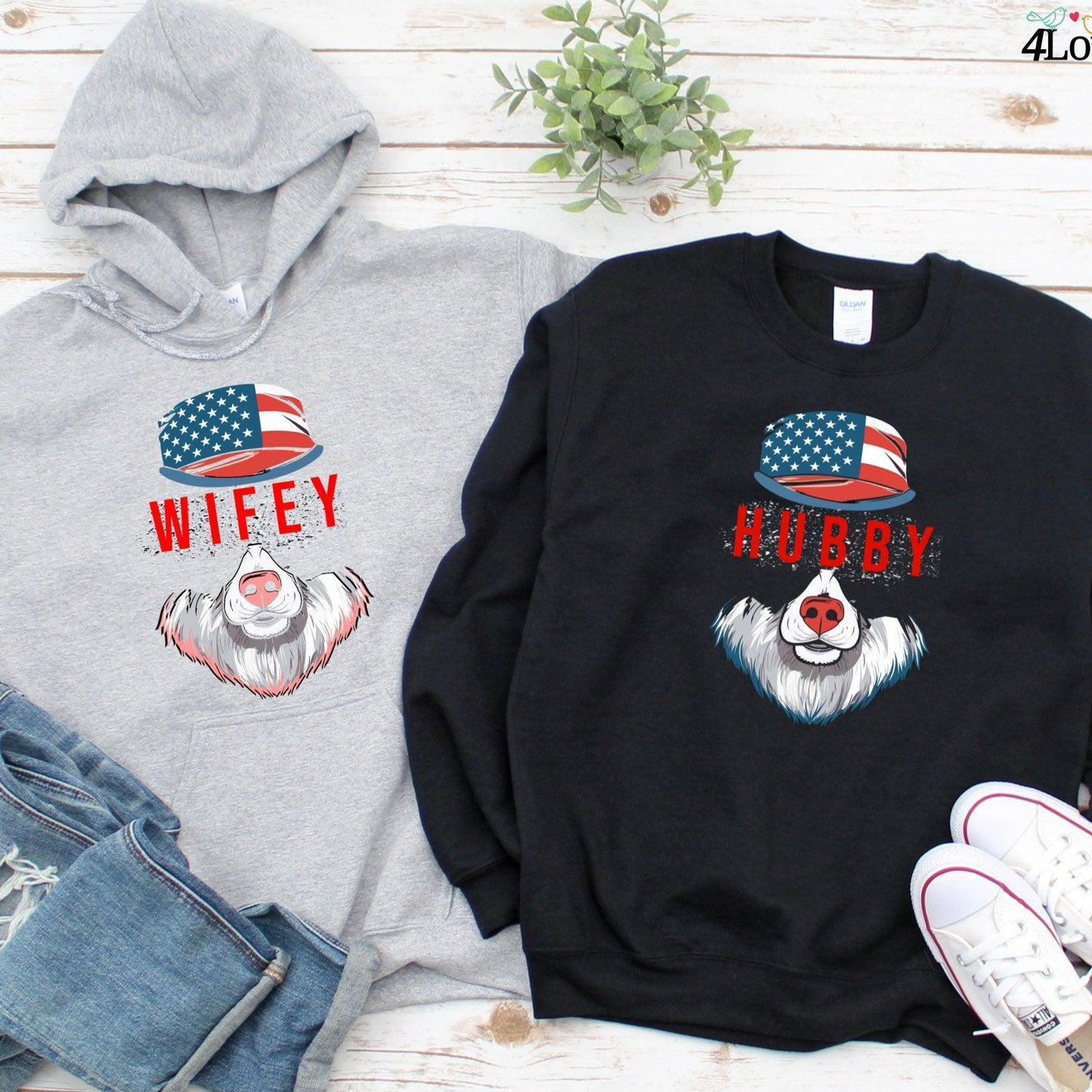 Wifey/Hubby 4th of July Bear Matching Hoodie, 4th of July Sweatshirts, Patriotic Couples Shirts, Fourth of July Honeymoon Long Sleeve Shirts - 4Lovebirds