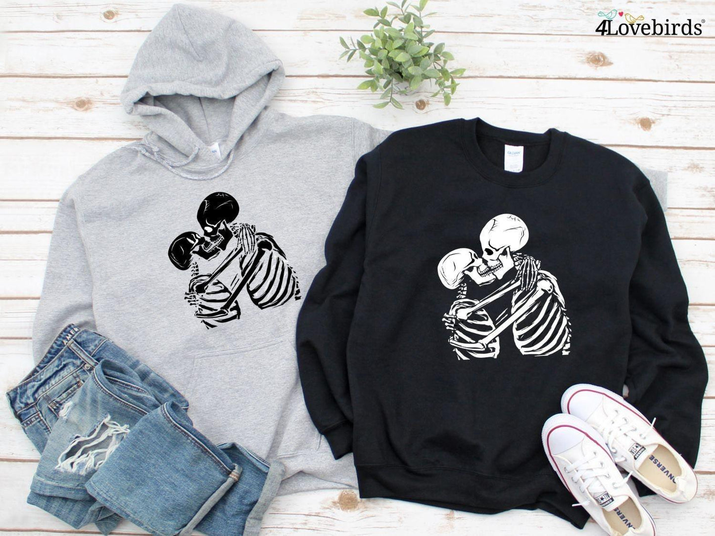 Kissing Skeleton Hoodie, Skull Lovers Sweatshirt, Halloween Couple T-shirt, Gift For Halloween, Spooky Passion Clothing, Funny Crush Tee - 4Lovebirds